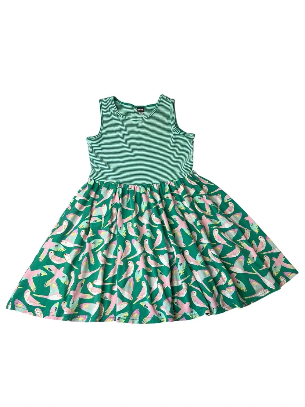 Tea Girls Size 12 Mixed Print Birds/Stripes Green/Pink Sleeveless Skater Dress